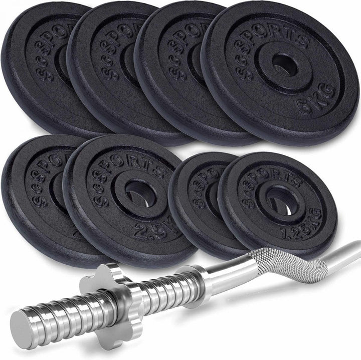 Set de discuri cu greutate si bara curl, 35 KG (4x5 + 2x2.5 + 2x1.25), 120 cm, inchidere cu stea ScSports