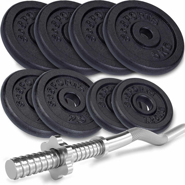 Set de discuri cu greutate si bara curl, 35 KG (4x5 + 2x2.5 + 2x1.25), 120 cm, inchidere cu stea ScSports