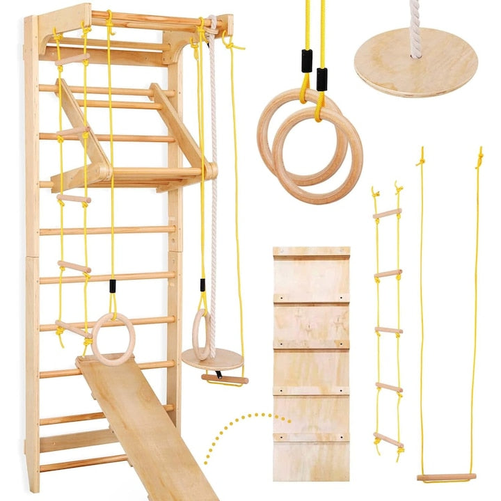 Spalier Gimnastica Multifunctional cu bara pentru tractiuni, inele pentru gimnastica, leagan si echipament de catarare, Physionics, lemn