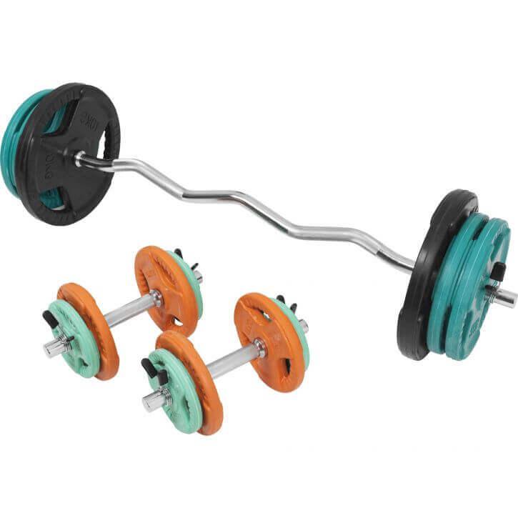 Set de haltere curlate SZ cu mâner din cauciuc, 70 kg, cu închizători