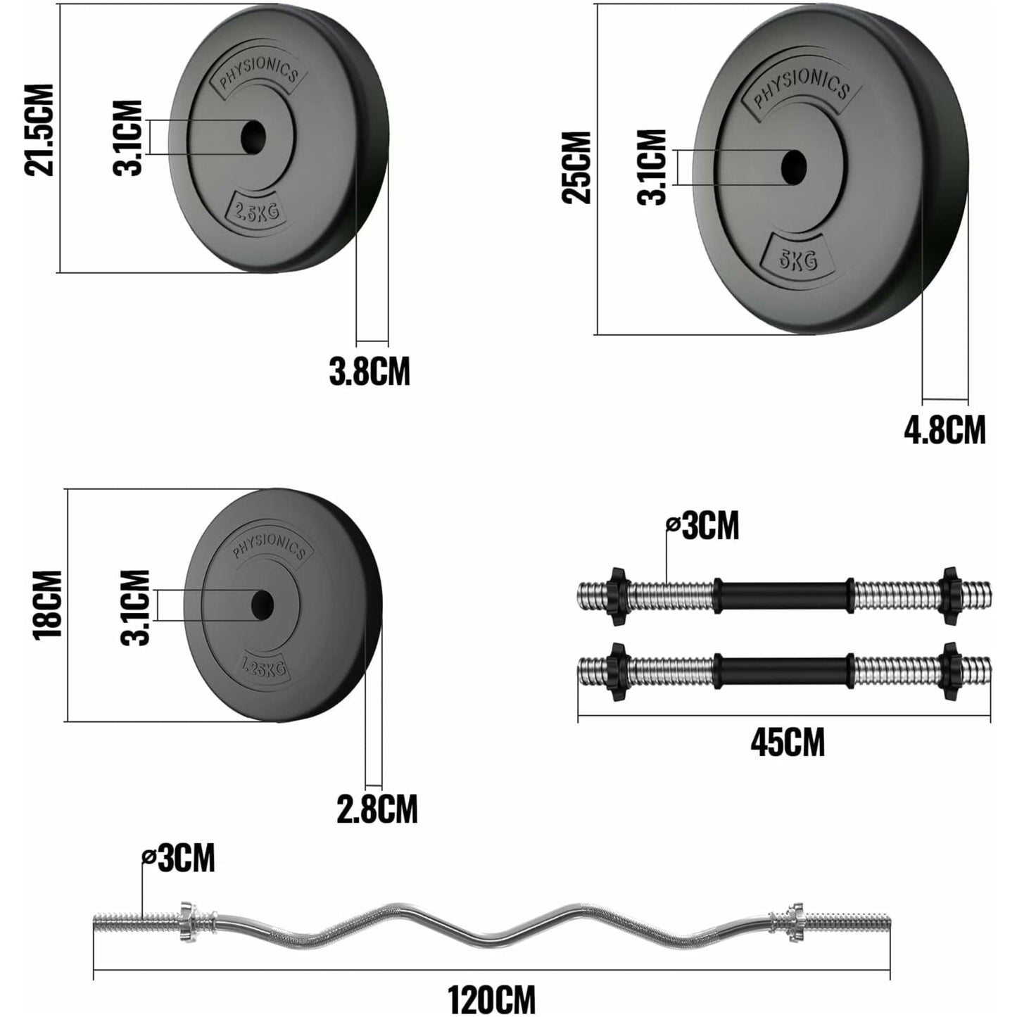 Set bara Z + gantere din plastic umplute cu ciment, 36kg, Physionics - Gorilla Sports Ro