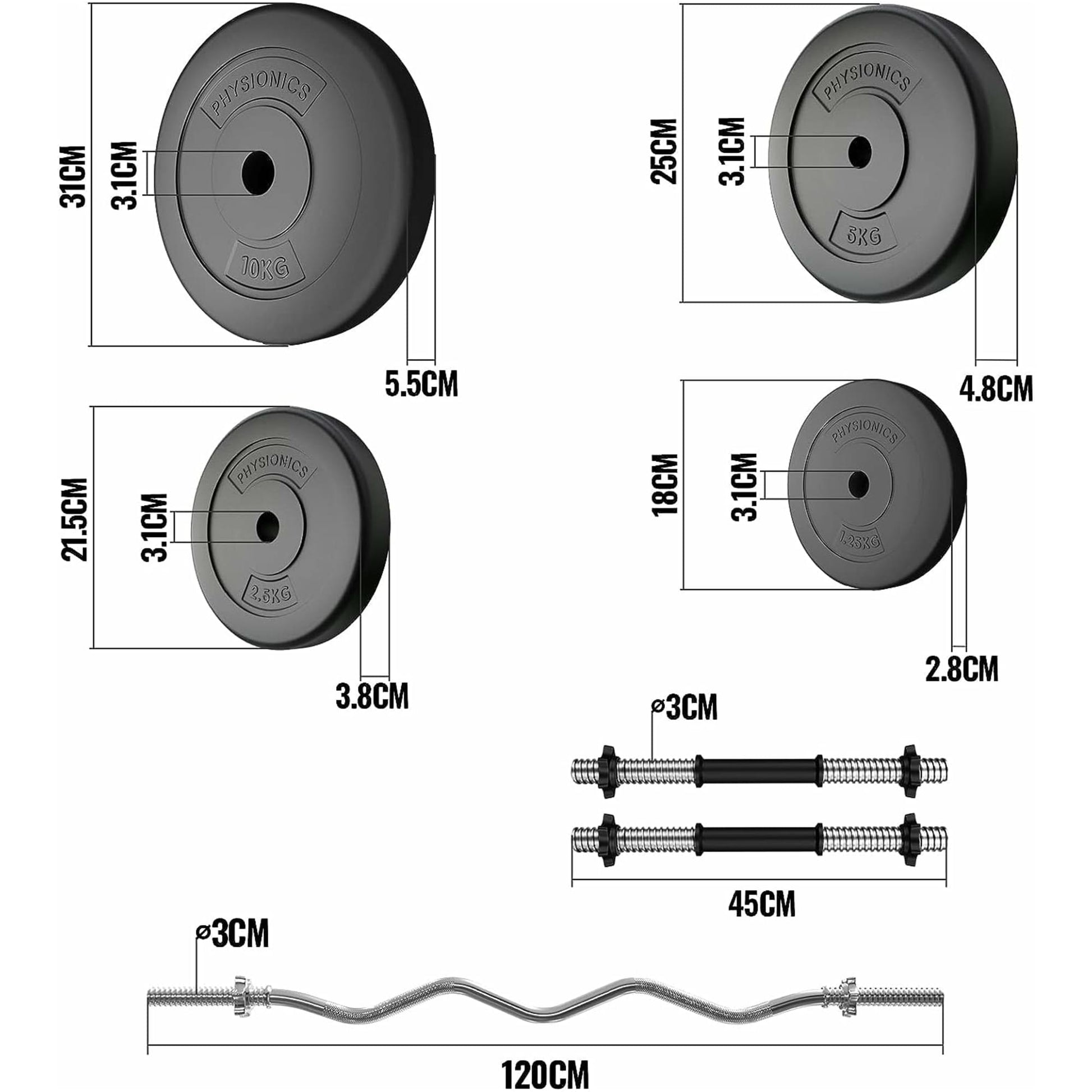 Set bara Z + gantere din plastic umplute cu ciment, 56kg, Physionics - Gorilla Sports Ro