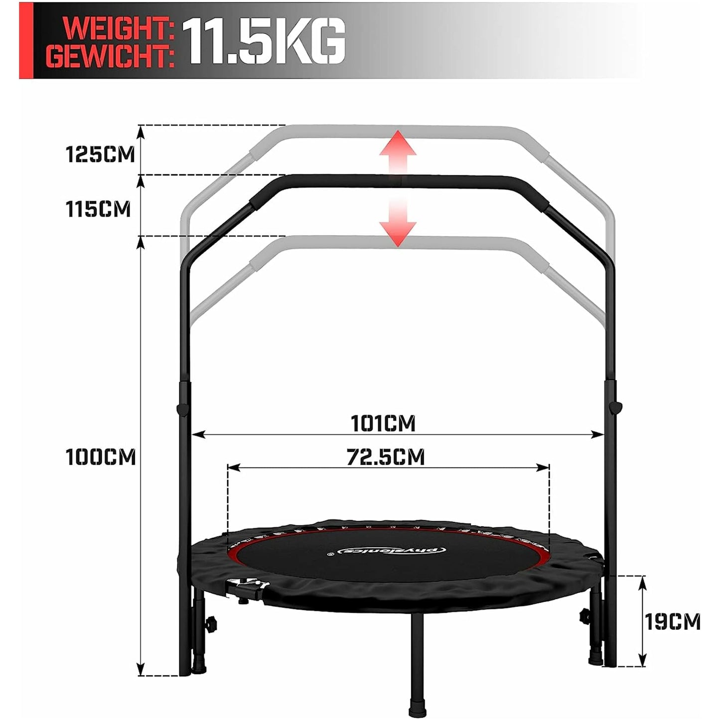 Trambulina fitness reglabila, pliabila, rosie, 101 cm, Physionics - Gorilla Sports Ro